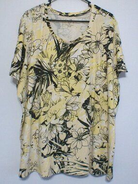 Coral Bay Floral Top Women’s 2X Yellow Black Short Sleeve Casual Plus Size